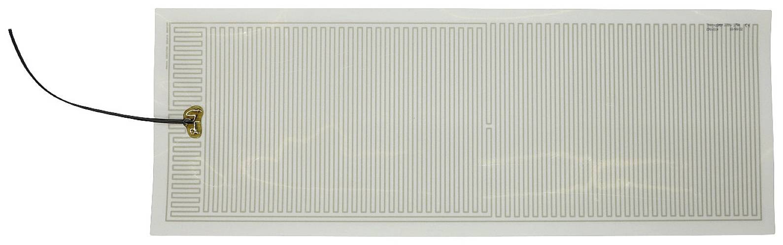 A rectangular, transparent heating film with fine, parallel conductive tracks and a black connection cable on the left side.