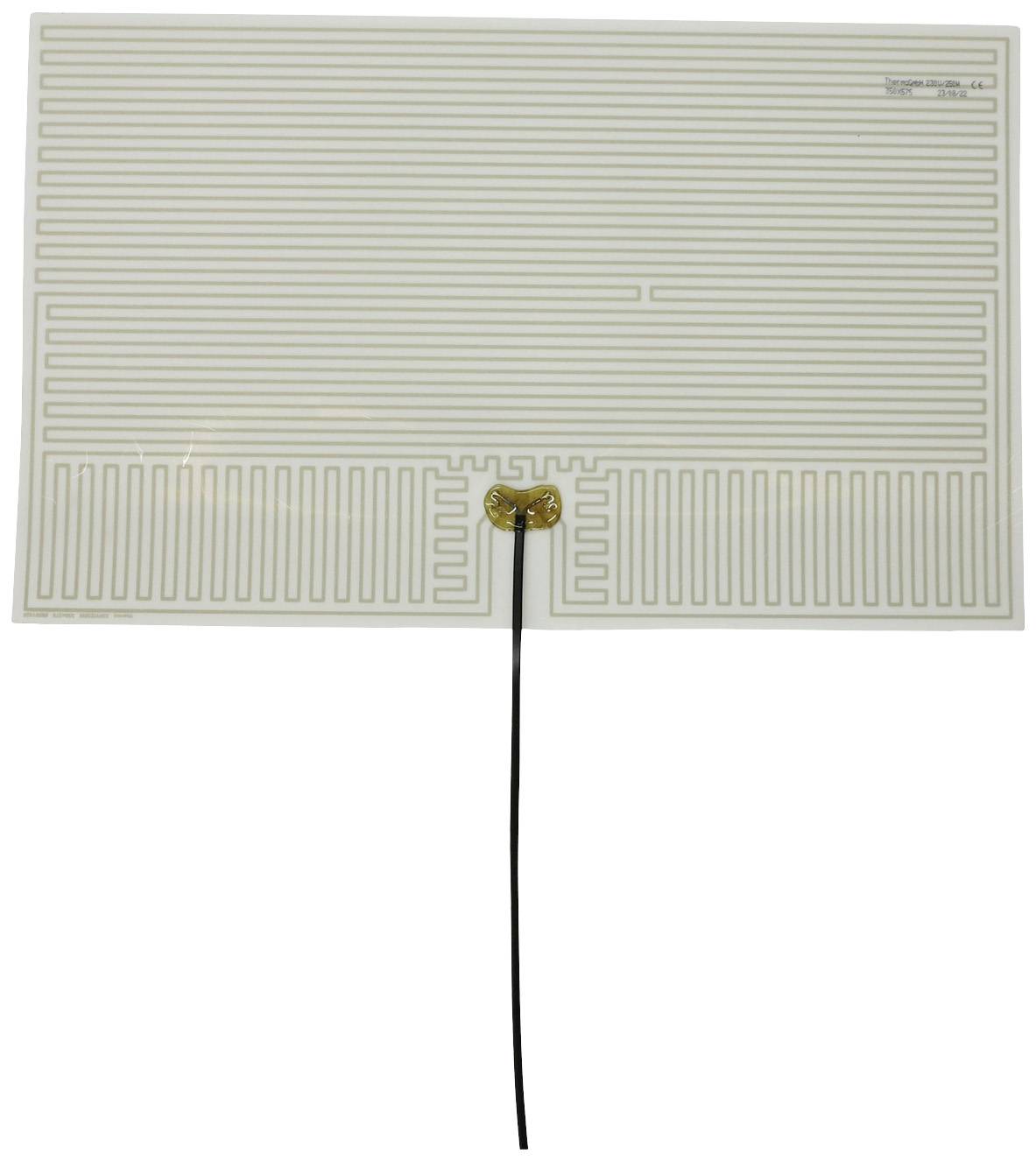 Rectangular electric heating film with thin wires running parallel, connected by a black cable plug at the bottom.