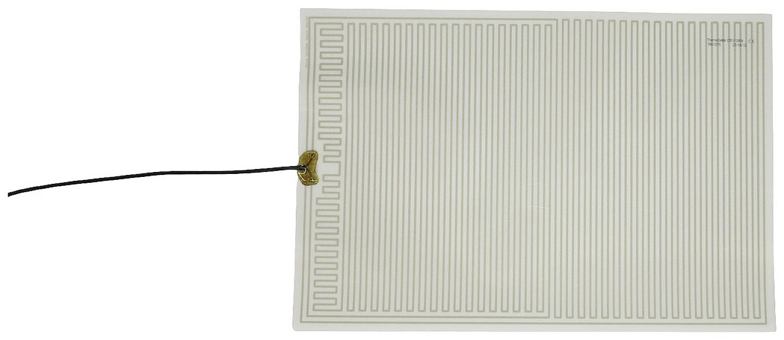 Flat, rectangular flexible heating element mat with parallel heating wires and a connected black cable on the left side.