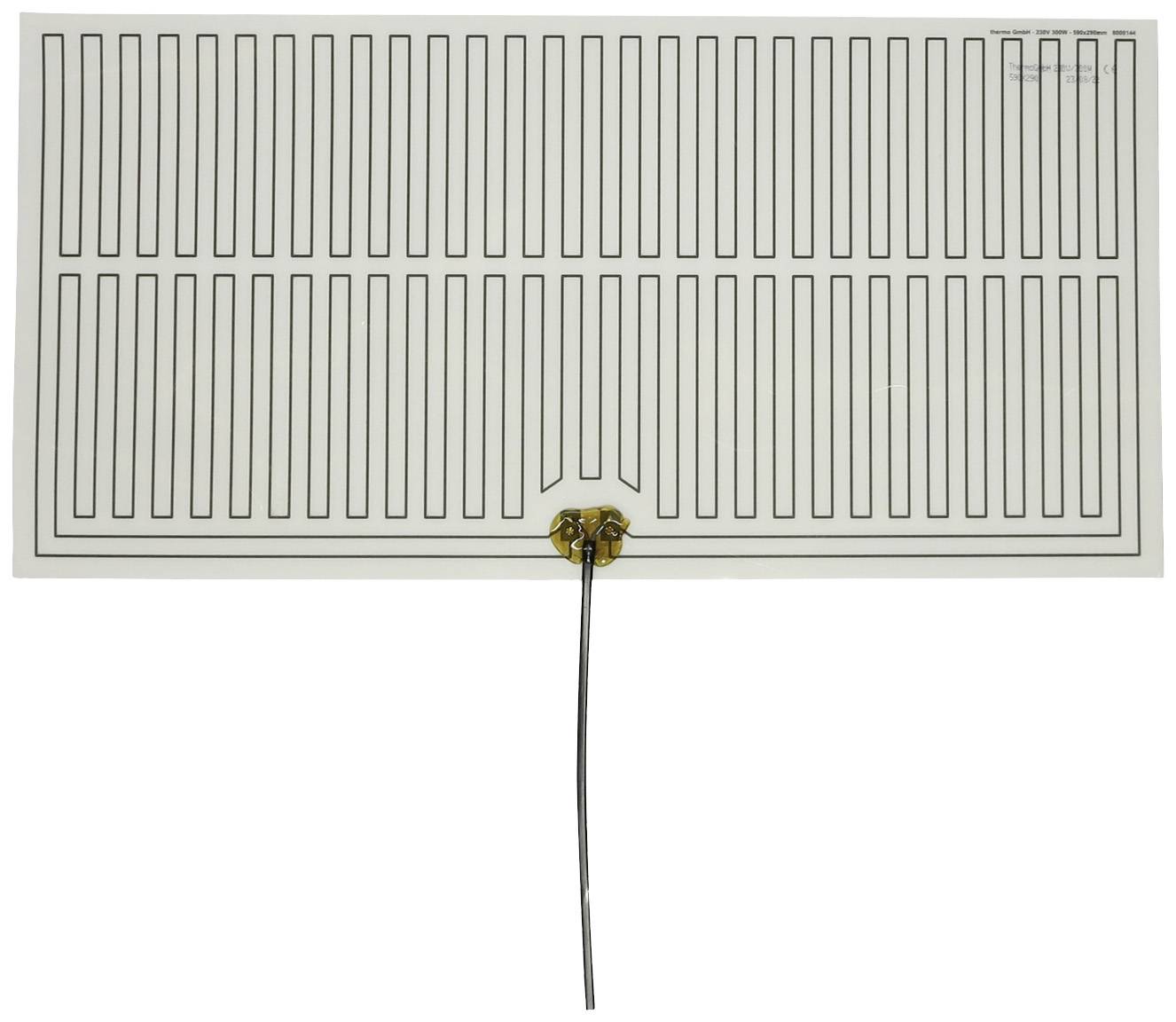 Thinner, rectangular electrical resistance sensor with two connecting wires in the centre. Used for pressure or force measurements.