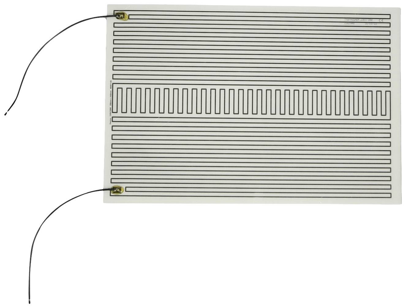 The image shows an electric heating foil with parallel-running conductor tracks and two connected wires.
