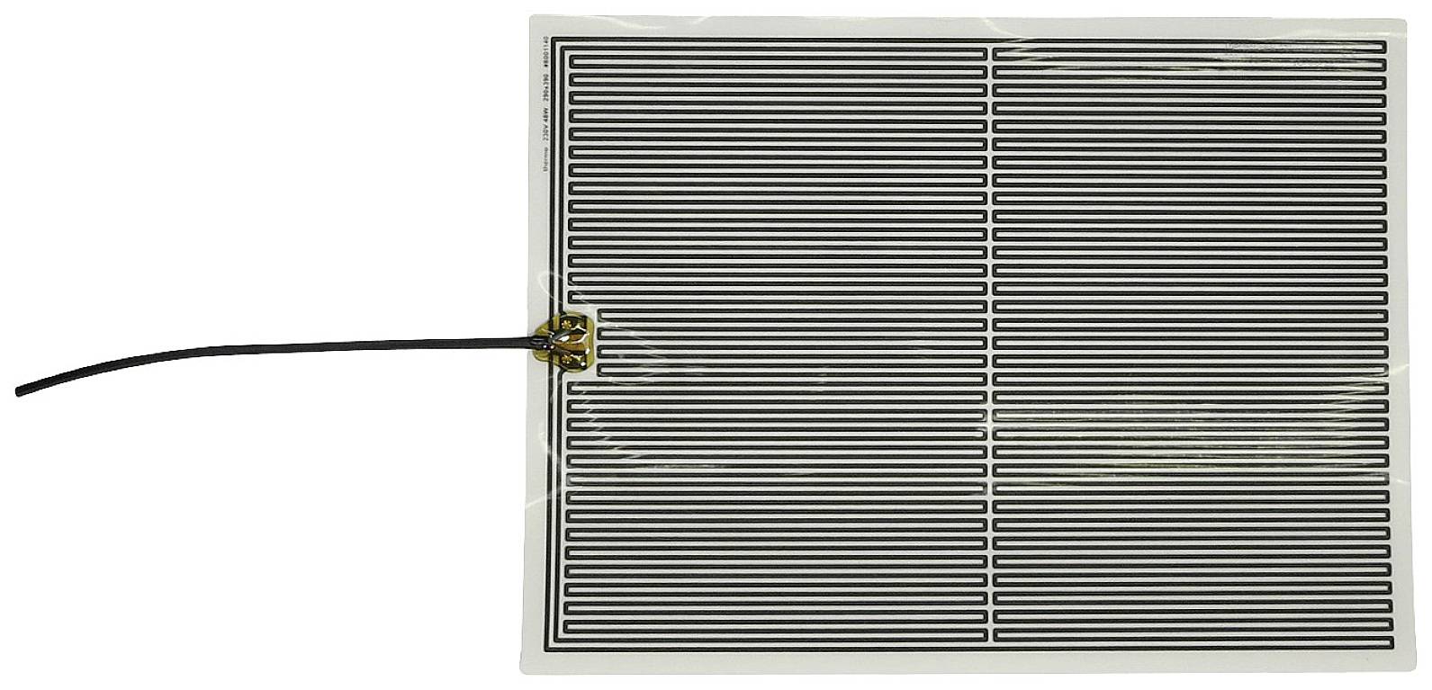 The image depicts a rectangular heating pad with silver stripes, connected to a black cable, designed for even heat distribution.