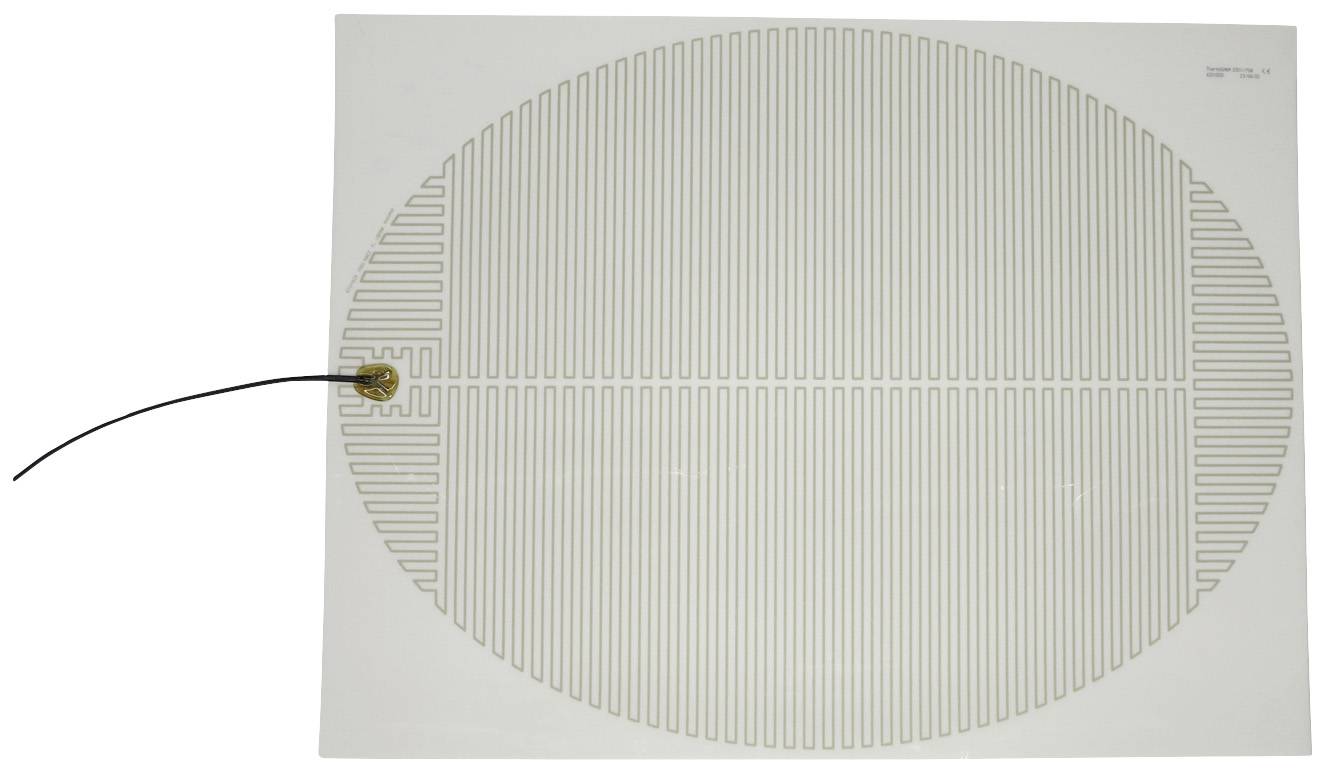 An oval electronic sensor on a white background, consisting of thin, parallel lines and a connected cable in the top left.