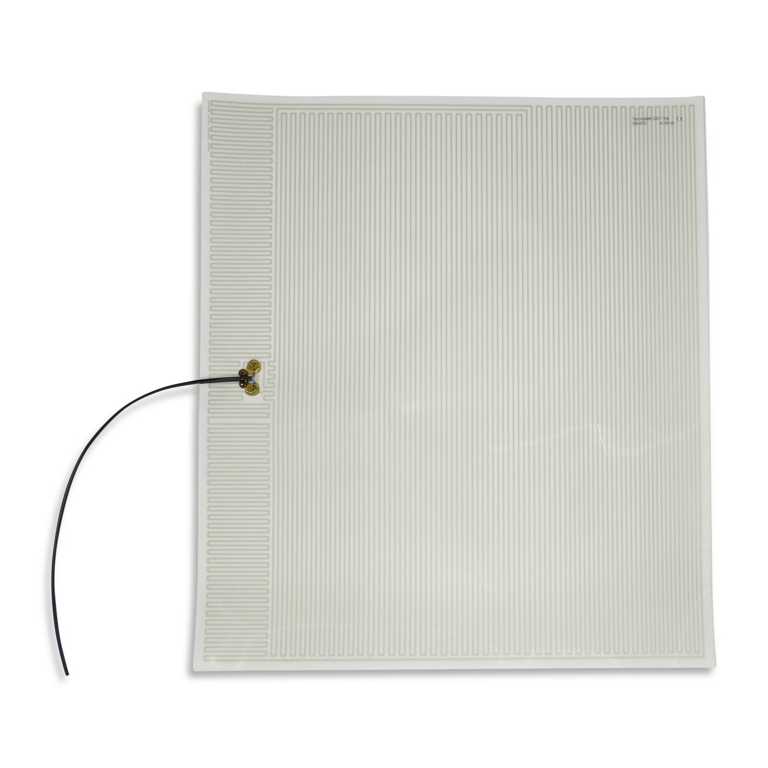 A rectangular, white heating element with fine, parallel lines and a black cable connection on the left side.