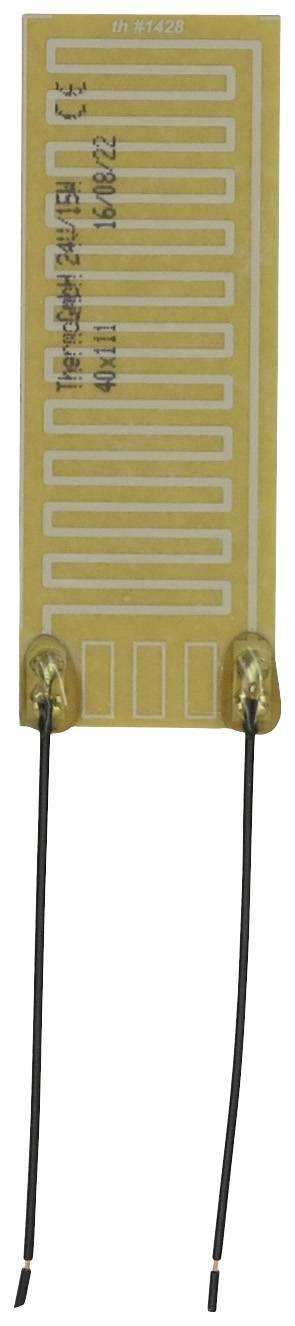 Flexible, rectangular heating film with printed conductor tracks and two black wires connected at the underside.