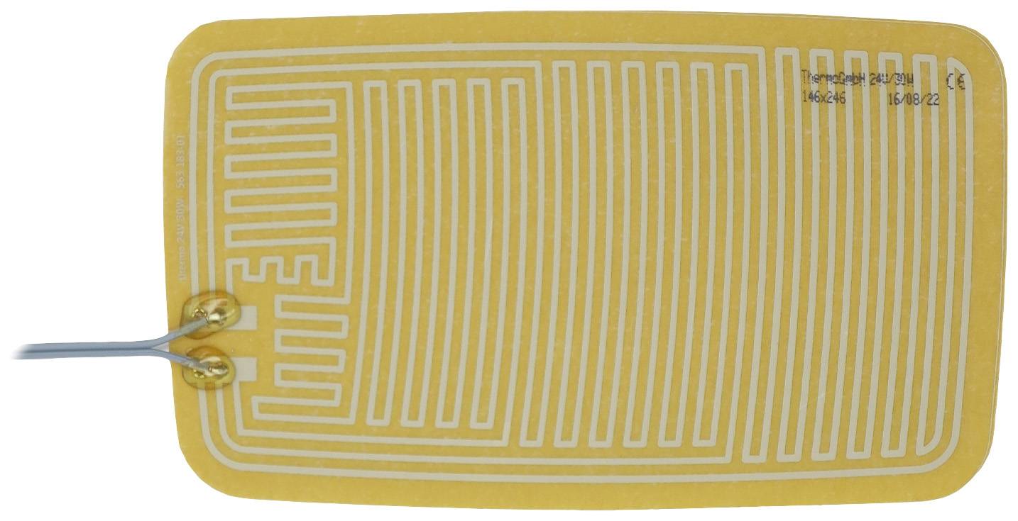 Rectangular heating pad with white conductive tracks on a yellow background, two wires connecting the pad at the bottom left corner.