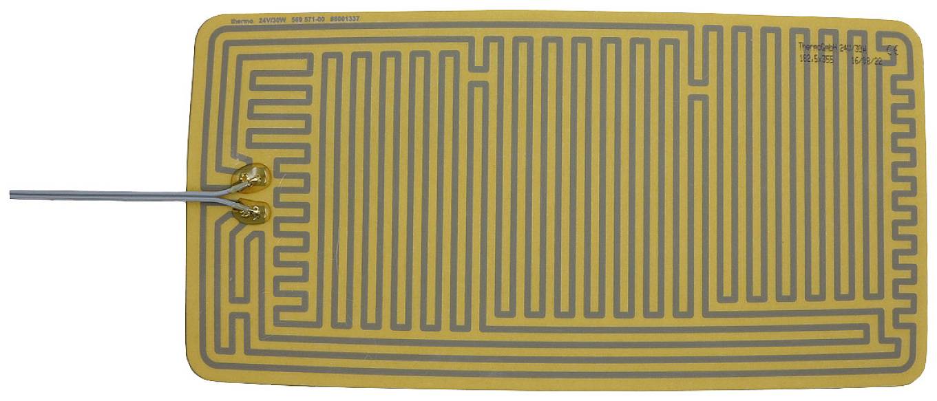 Rectangular flexible heating film with a yellow background and a grey, meandering heating element pattern; two cables at the side.