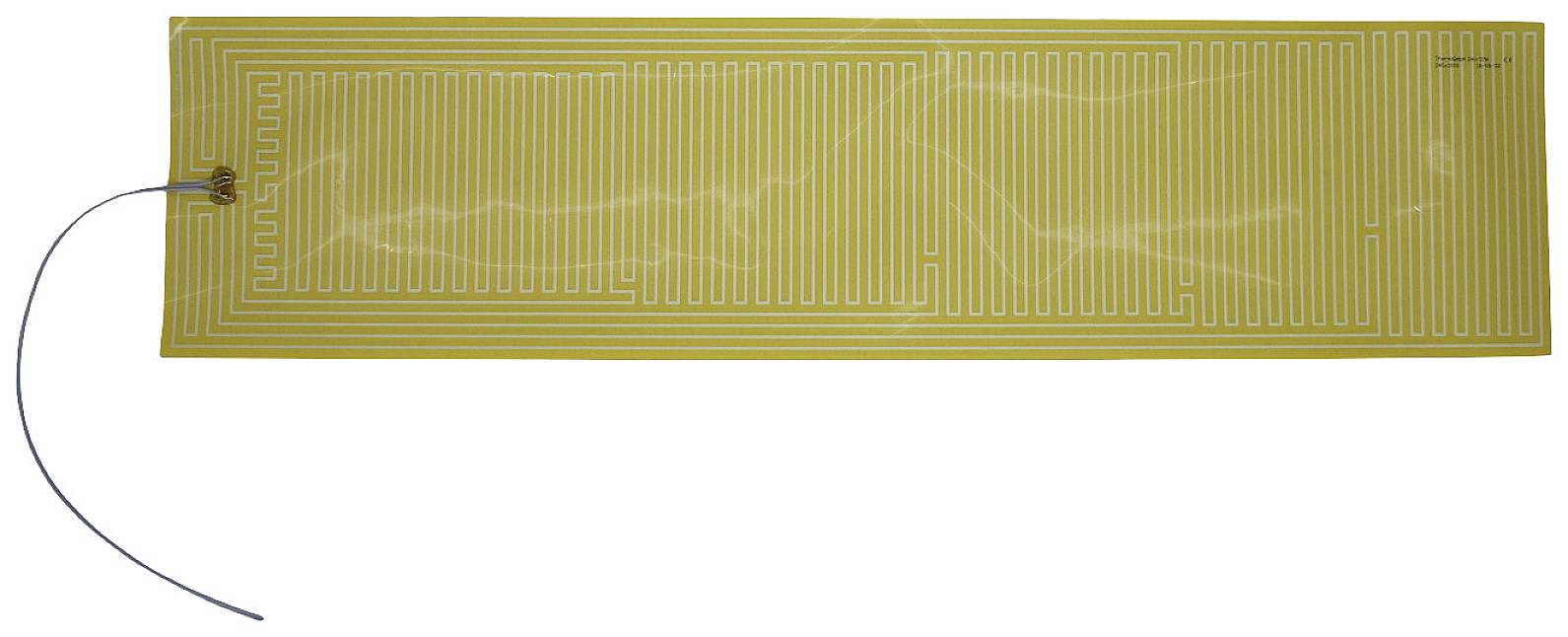 A rectangular heating pad with thin, parallel heating wires and a connected cable on the left side.