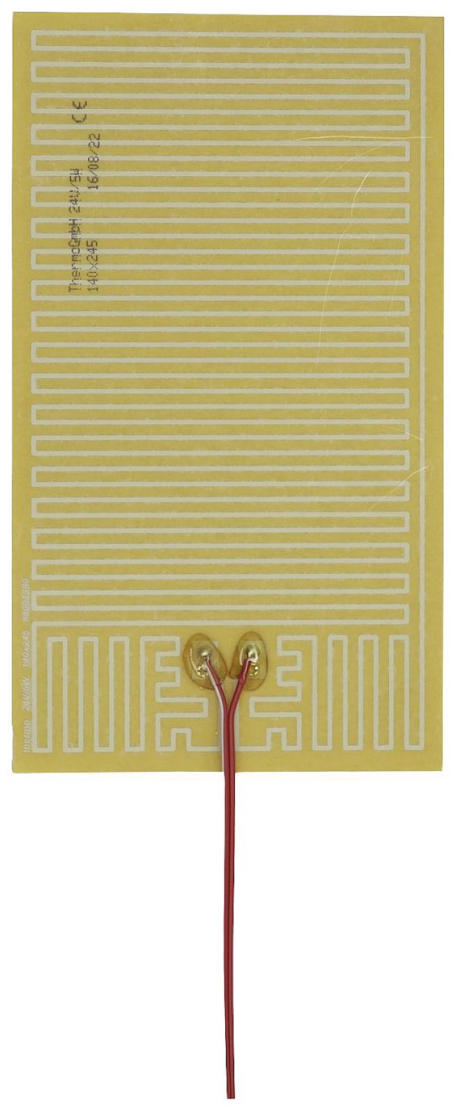 A rectangular heating film with a parallel-running ladder structure and red cables for power supply.