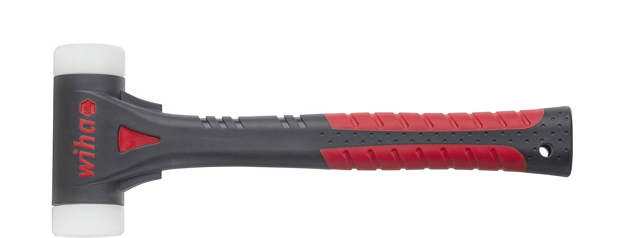 Rubber mallet with a black handle, red 'wiha' print and red accents.