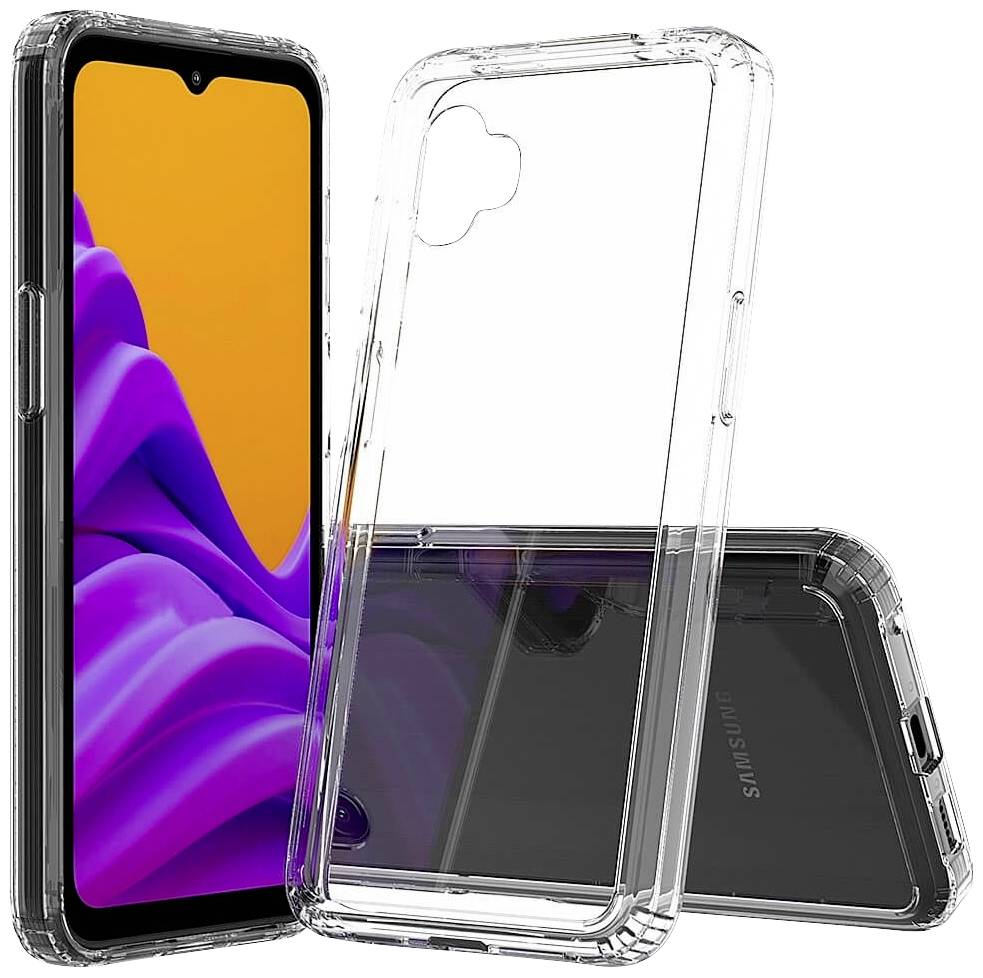 Smartphone with a purple display in a transparent protective case, front and back sides visible.<br><br>Translation in British English:<br>Smartphone with a lilac display in a transparent protective case, front and rear sides visible.