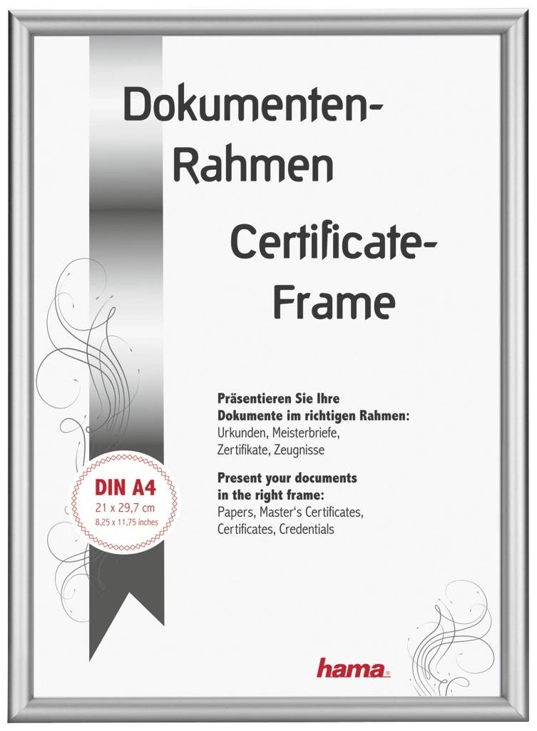 'Document Frames' and 'Certificate Frames' in silver frames, suitable for A4 documents. Ideal for certificates, diplomas and more.