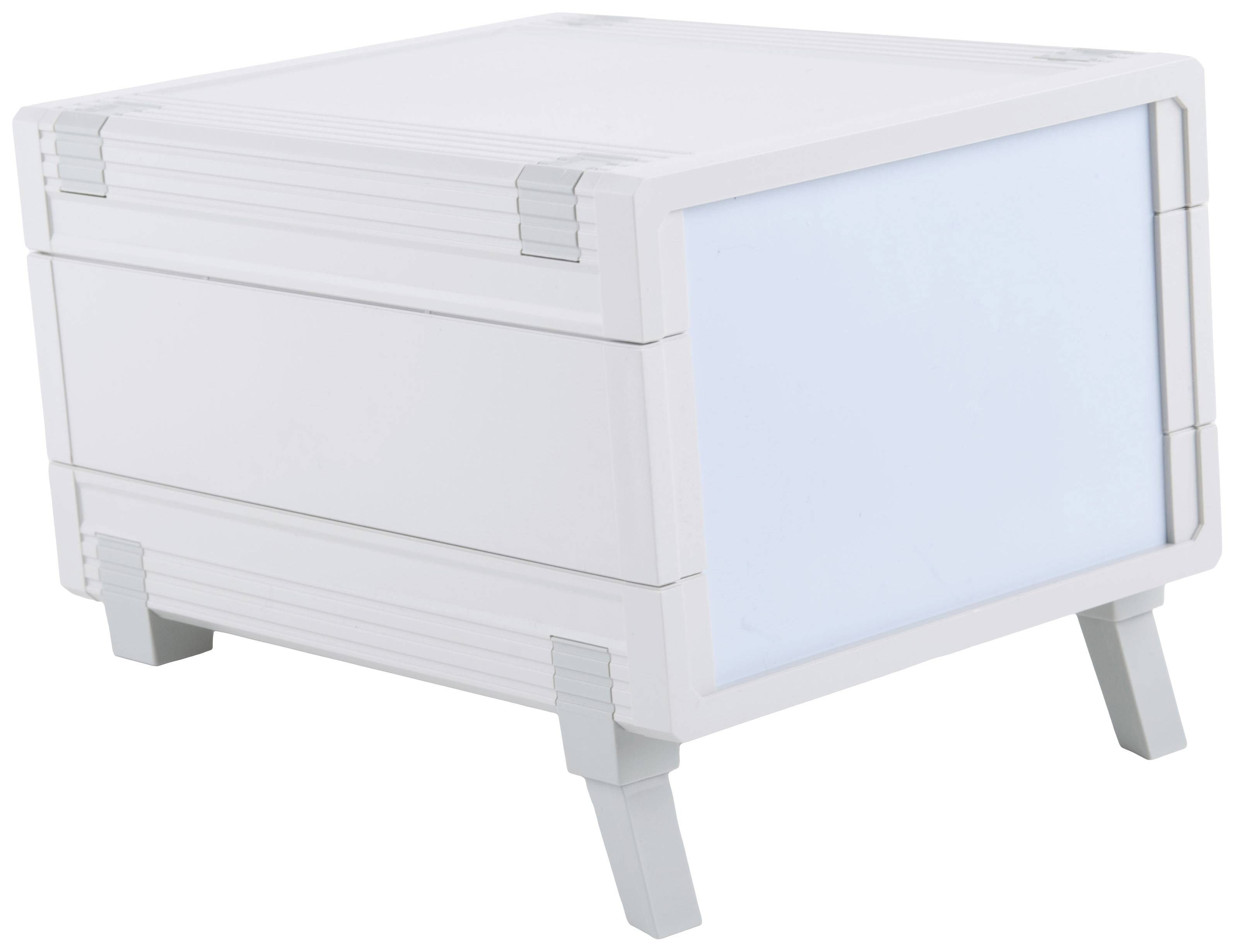 A white, enclosed box with four short legs, presumably an electronic enclosure or a box with no visible labelling.
