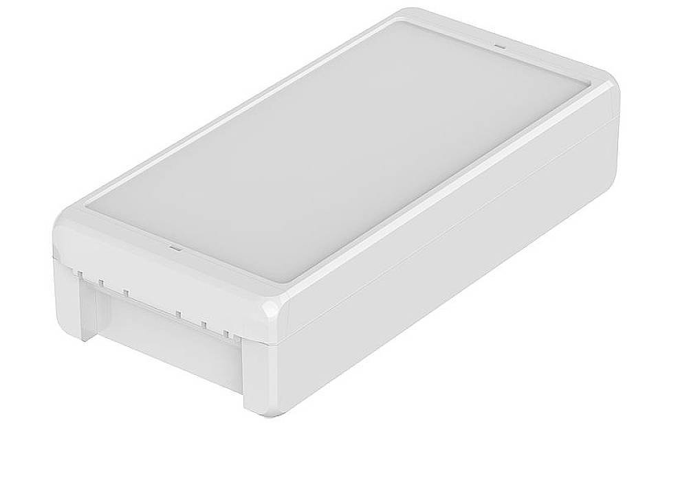 A white, rectangular device with rounded corners, potentially a technical product.