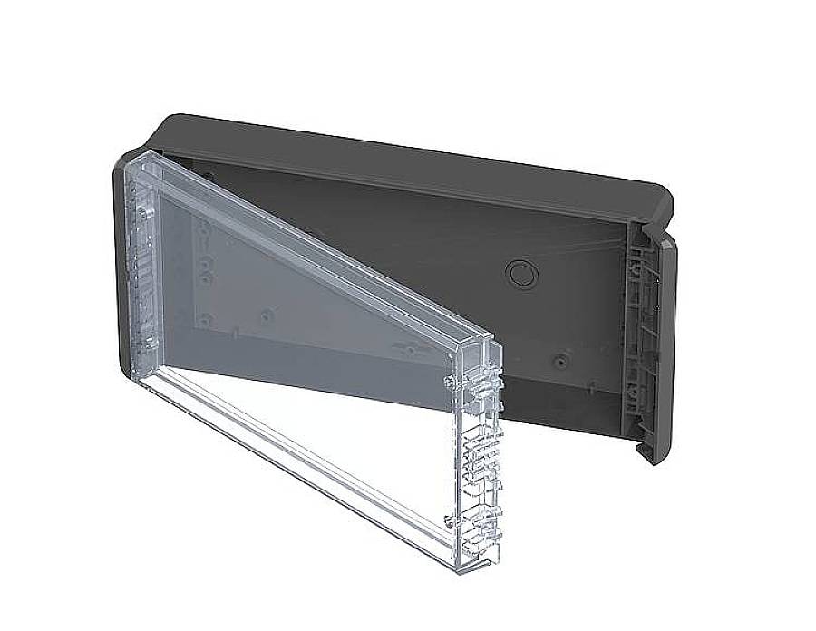 Transparent plastic lid being removed from a black, rectangular housing. Suitable for protection or covering.