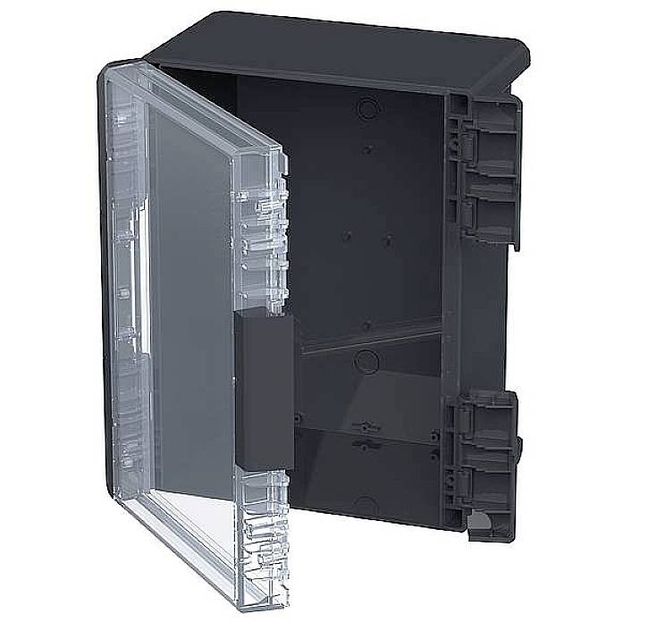 Black plastic case with a transparent door that is open. Suitable for electronics, cable protection and organisation.
