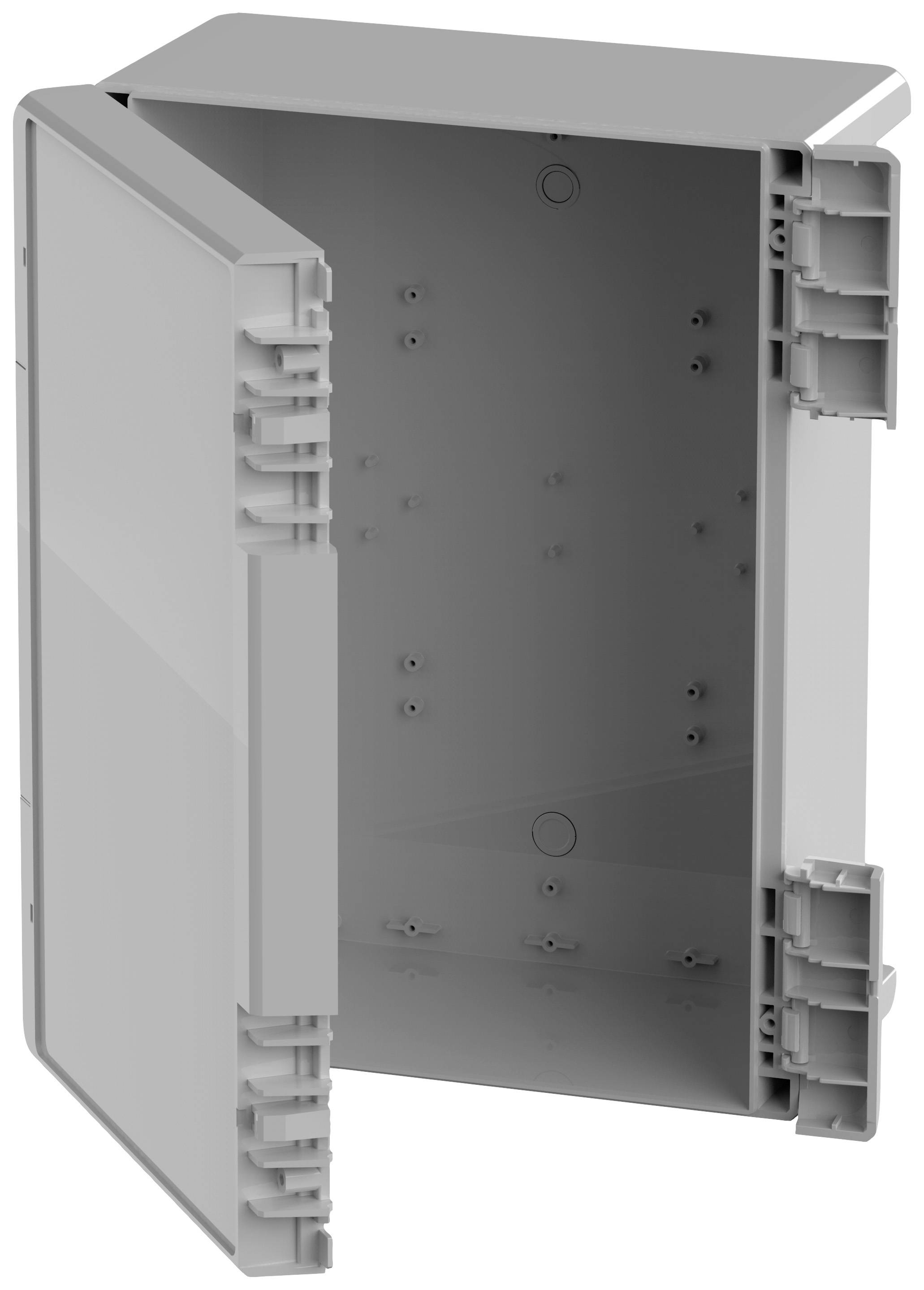 Grey, empty plastic housing with partially open front side, showing internal mounting points for component installation.