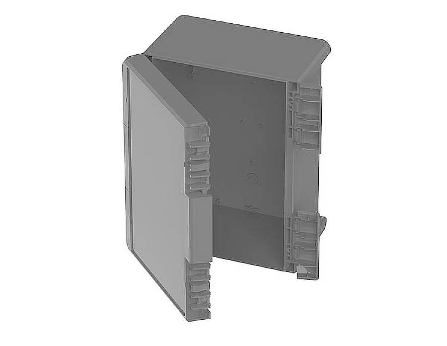 Grey, empty, cubic enclosure with an open door revealing the right side. The enclosure is plain and industrial in design.