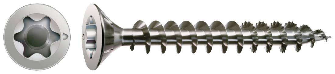 Metal screw with Torx head and thread. Left: Torx profile view. Silver colour. Screw for wood or metal connection.