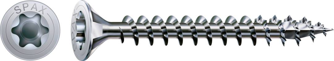 Metal countersunk screw with tapered thread; 'SPAX' inscription visible on the head.