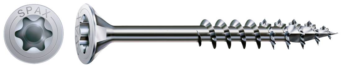 Metal screw with square head, marked 'SPAX'; showing side and head view. Used for secure connections in metalwork.