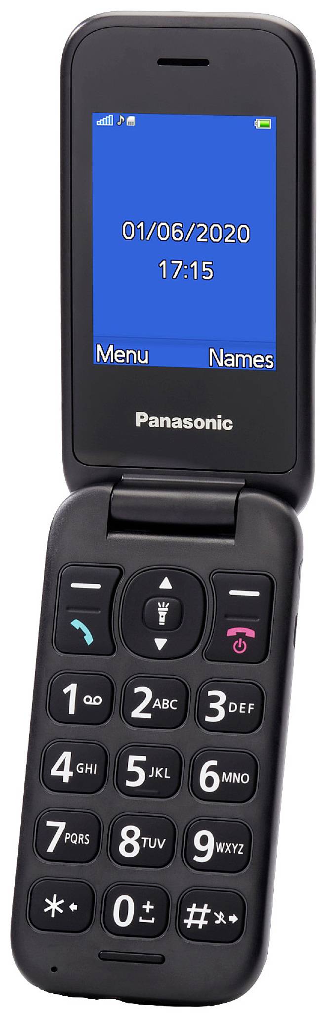 Mobile phone with a flip design and large screen displays the date '01/06/2020' and time '17:15'. Large buttons make operation easier.