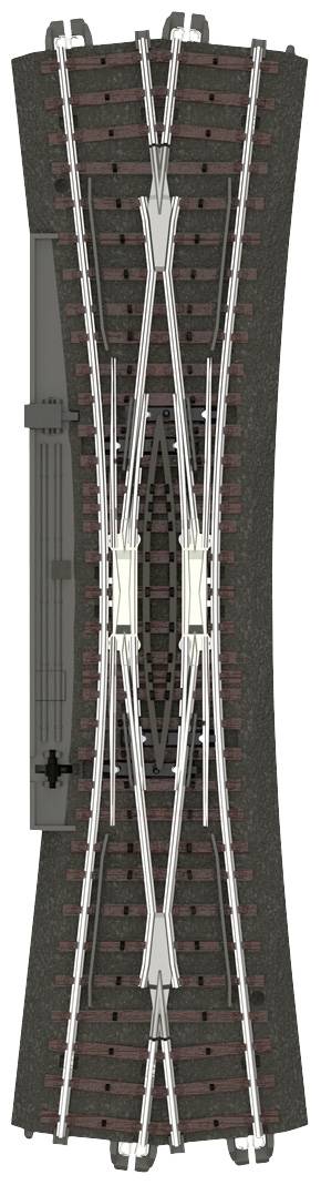 Narrow-gauge railway track in model scale with a crossing point and detailed representation of sleepers and rails.