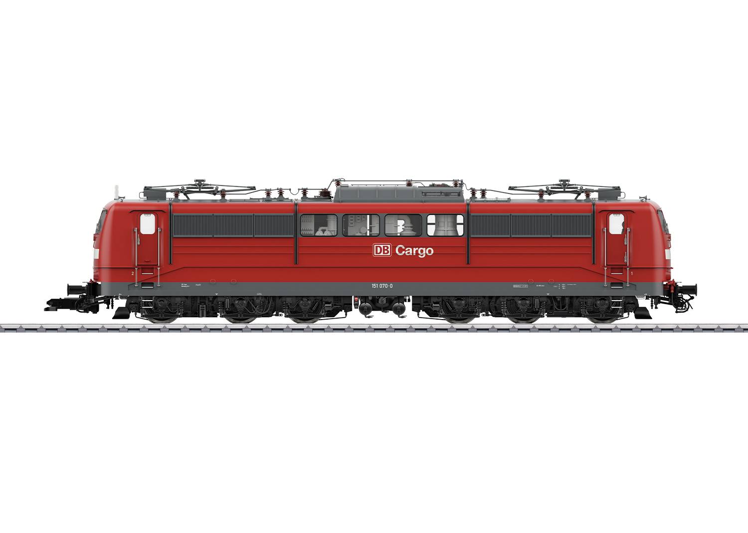 A red freight train locomotive of Deutsche Bahn on railway tracks, side view, with the 'DB Cargo' logo clearly visible.