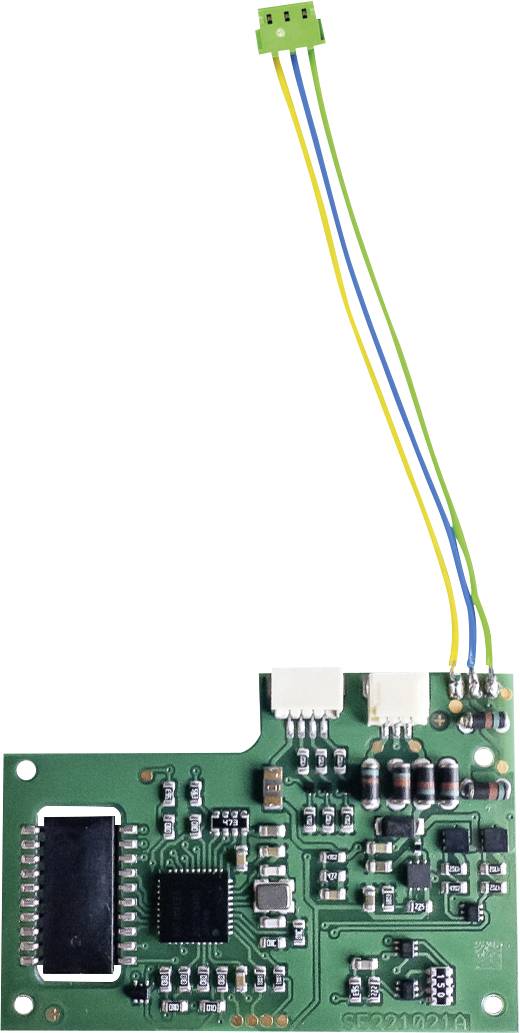 Green circuit board with various electronic components and four coloured cables (green, blue, yellow, white) at the top.