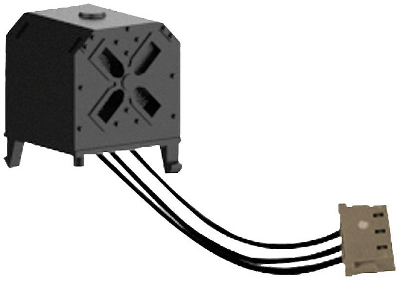 Black electrical component with four cables leading to a brown plug. Could be a sensor or a small motor.