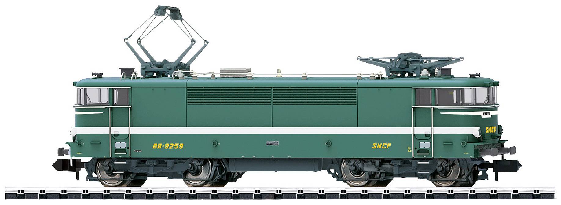 A green electric locomotive on a railway track, pictured from the side with a detailed chassis and pantographs.