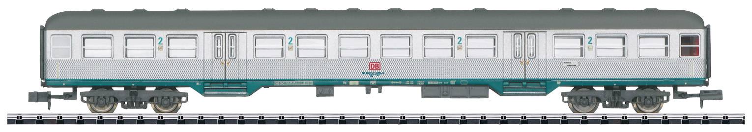 A grey-blue passenger train of Deutsche Bahn on a railway track, with detailed windows and doors.