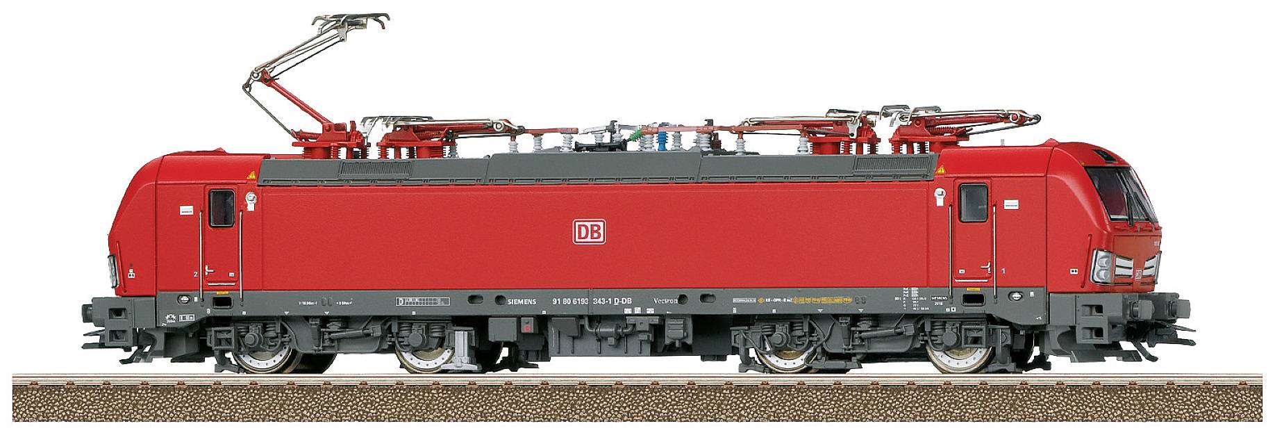A red electric locomotive of Deutsche Bahn on a railway track, side view; with visible pantograph and undercarriage details.