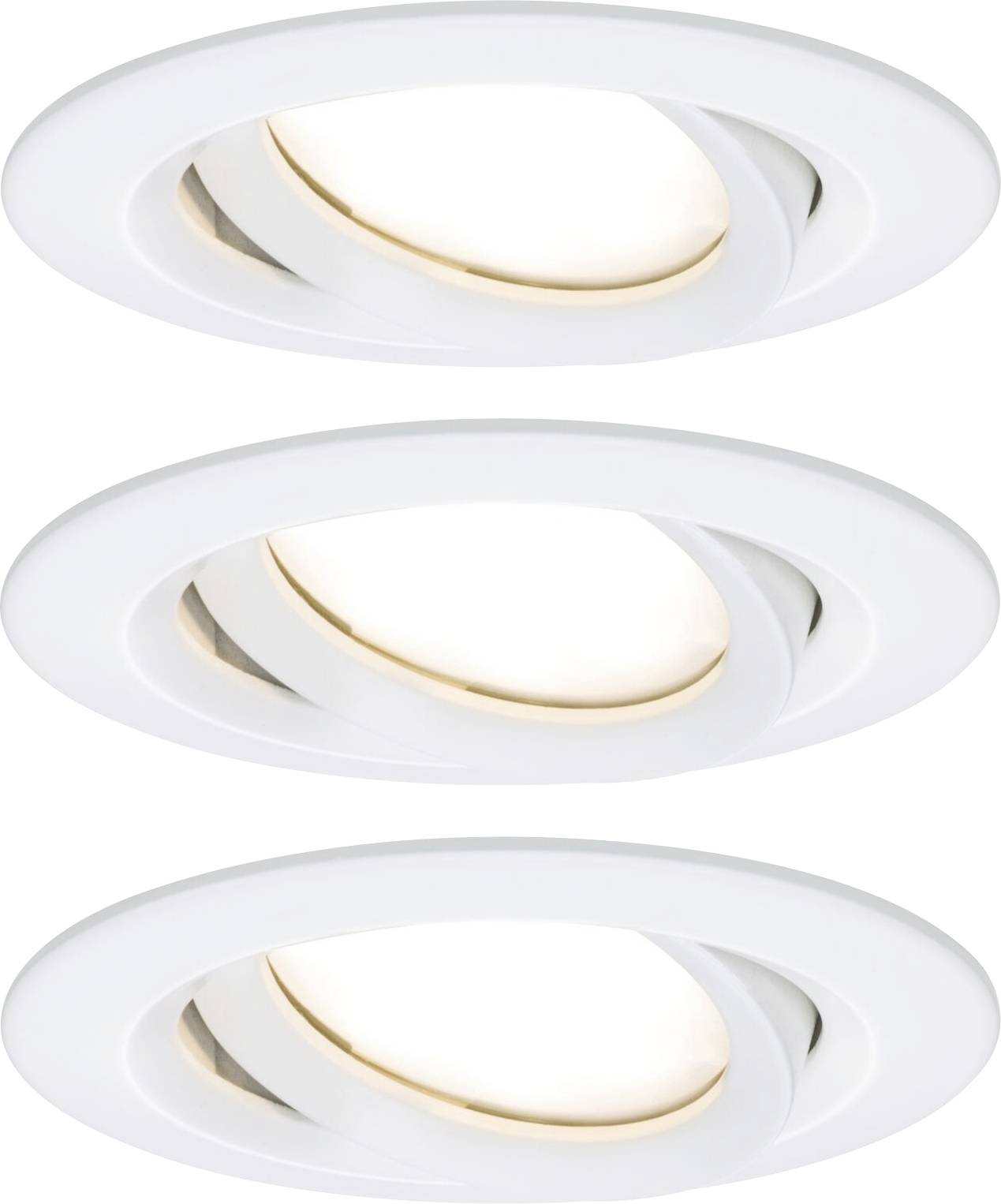 Three round, white recessed lights with adjustable frames, radiating warm light. They are evenly aligned.