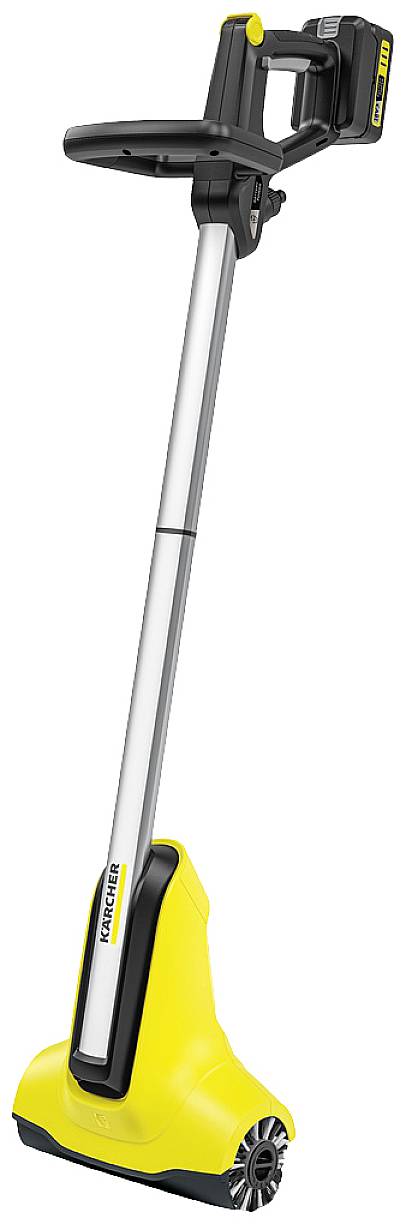 A yellow electric weed remover with an ergonomic handle and battery operation, ideal for effortlessly removing weeds.