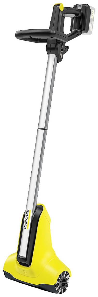 A yellow electric weed remover with a long handle, suitable for removing weeds and moss from pavements and driveways.