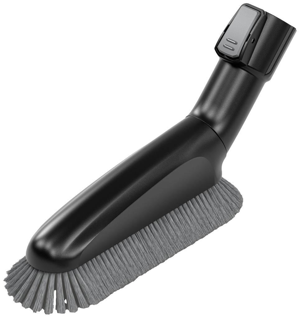 A black vacuum cleaner attachment with an integrated brush, suitable for cleaning furniture and upholstery.