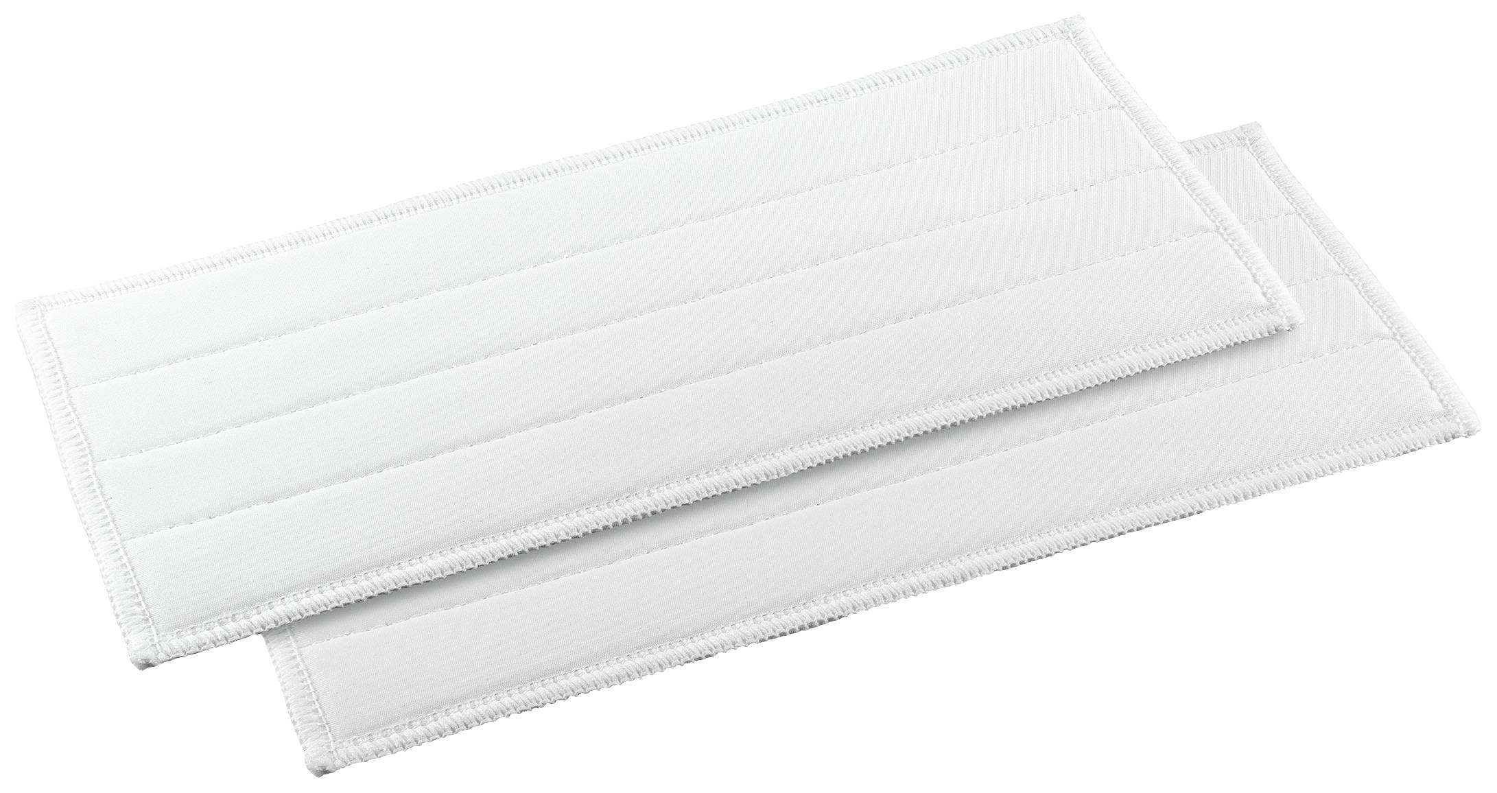 Two white, rectangular cleaning wipes layered on top of each other on a white background. They are oblong and have a striped texture.