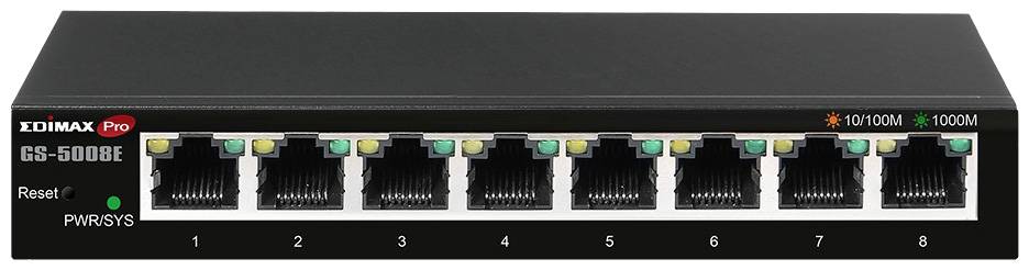 Network switch with eight Ethernet ports, identifiable by the yellow and green LED indicators, with two currently active. Brand logo visible.
