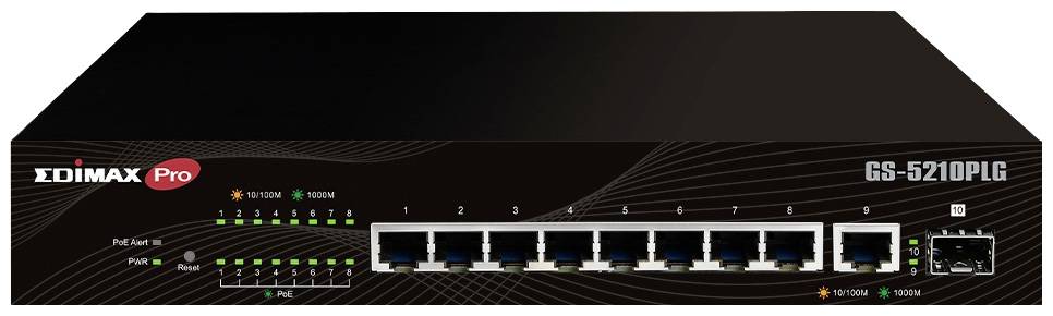 A black network switch labelled 'Edimax Pro GS-5210PLG'. Ten Ethernet ports and status indicator LEDs are visible.