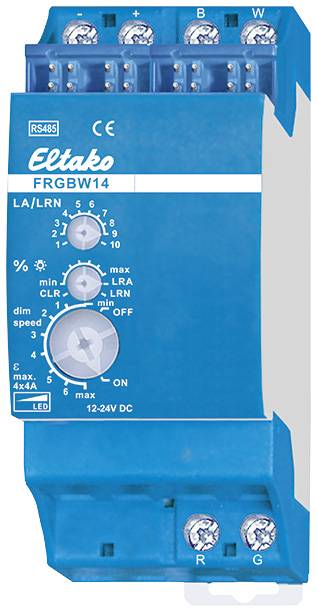 Blue Eltako device 'FRGBW14' for lighting control, with rotary controls for brightness and speed, and multiple screw terminals.