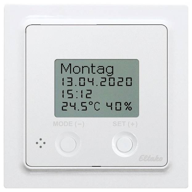 A digital thermostat displays 'Monday, 13/04/2020', the time '15:12', the temperature '24.5°C' and the humidity '40%'.