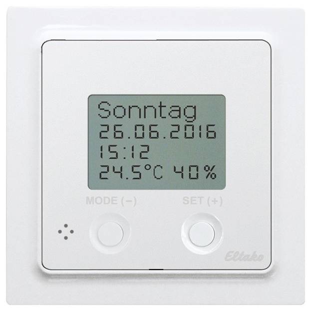White digital thermostat with display: shows date 'Sunday, 26.06.2016', time '15:12', temperature '24.5°C' and humidity '40%'.
