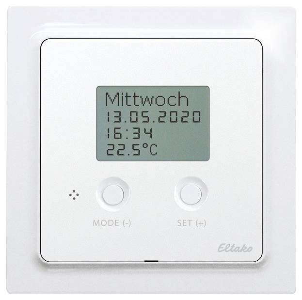 A digital thermostat displays: 'Wednesday, 13.05.2020, 16:34, 22.5°C'. Two buttons for mode and settings control.