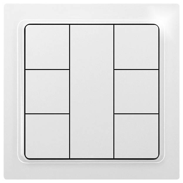 A white light switch with eight square push surfaces, symmetrically arranged, in a rectangular frame.