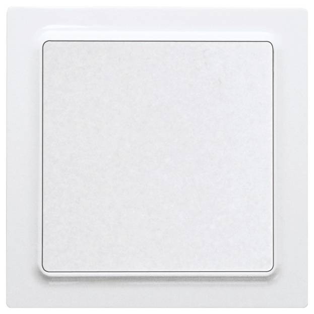 A white square light switch in the middle of a rectangular frame.