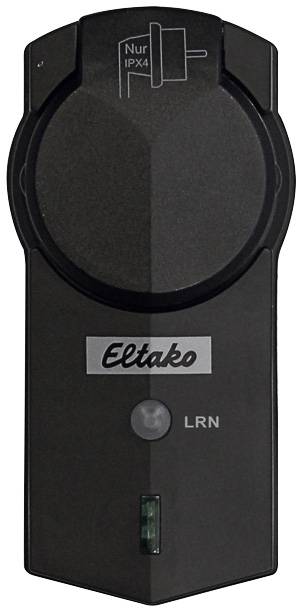 Black remote control with 'Eltako' written on it. At the top, a symbol of a plug with 'Nur IPX4'. Buttons are not visible.