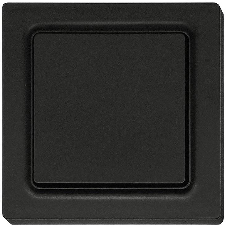 A rectangular, black light switch on a wall.