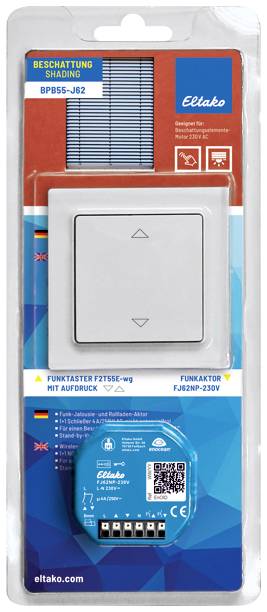 Packaging of a battery-free wireless transmitter and wireless actuator for shading systems by Eltako, Model BPB55-J62 and F2T55E-wg.