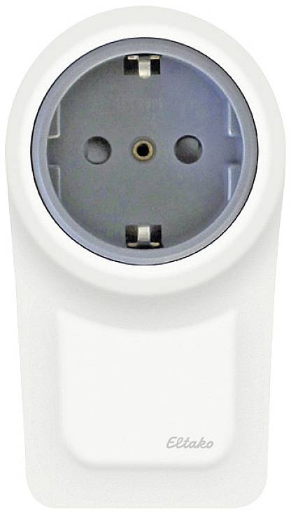 White socket by Eltako, pictured front-on, showing standard Schuko socket opening for electrical devices.